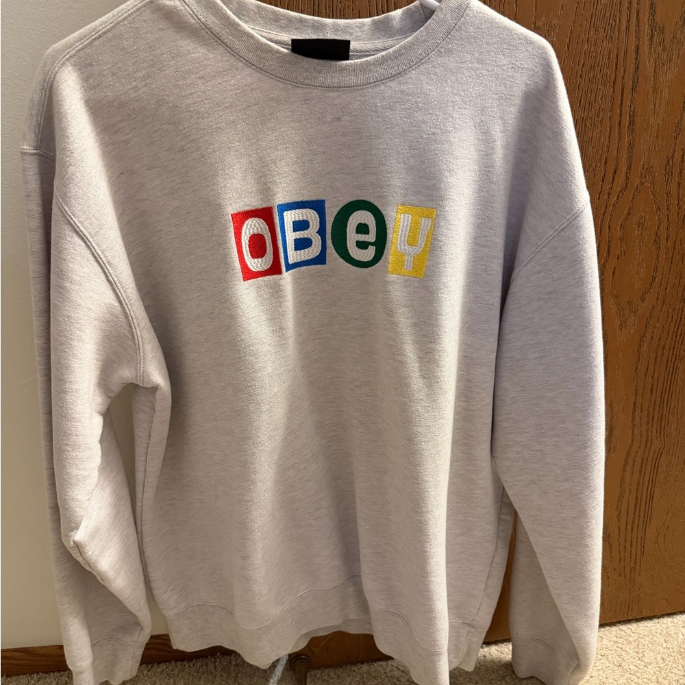 Obey Light Gray Crewneck with Red Blue Green Yellow Logo